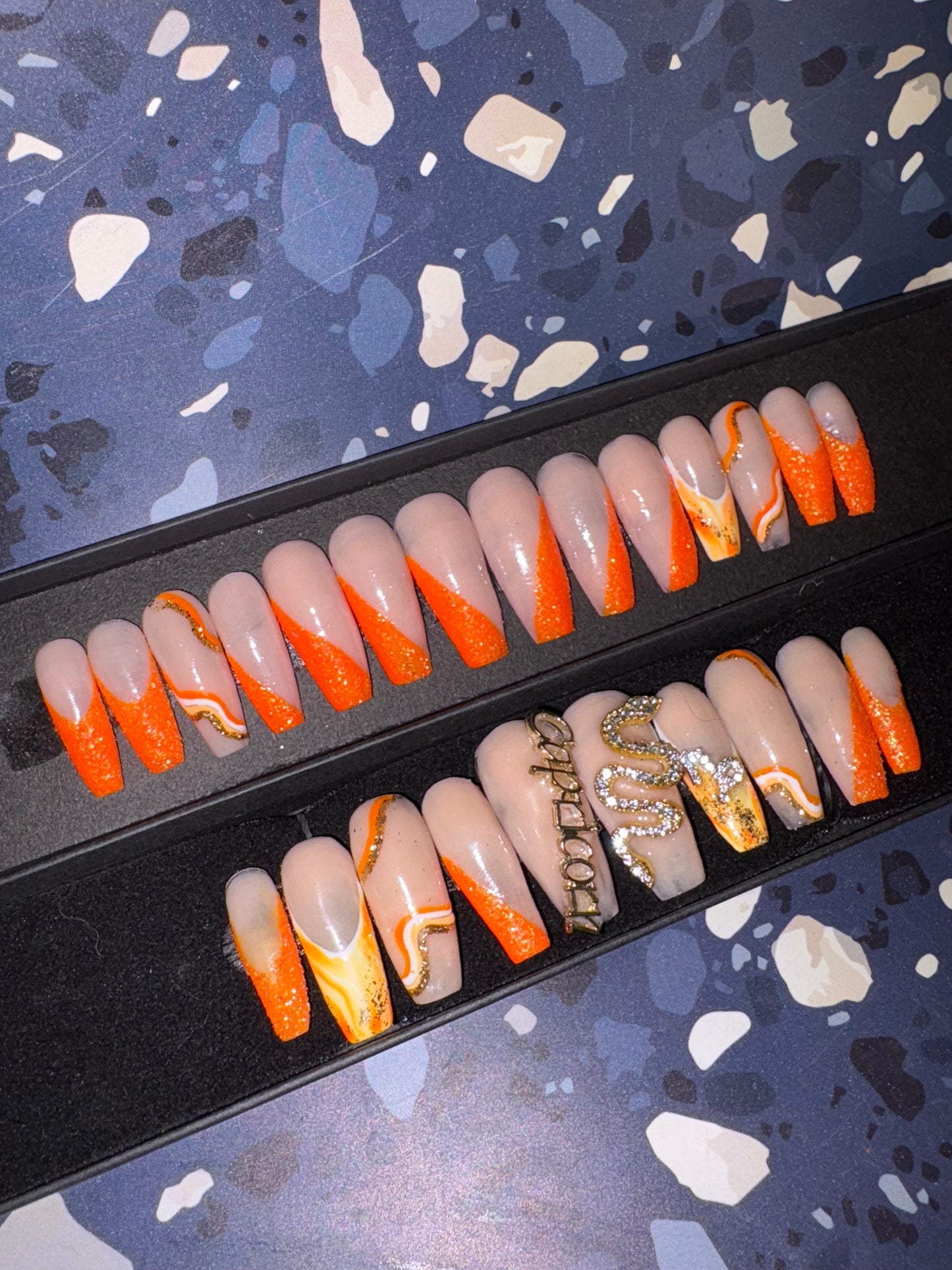 XL Capricorn Orange Glitter Acrylic Press On Nails
