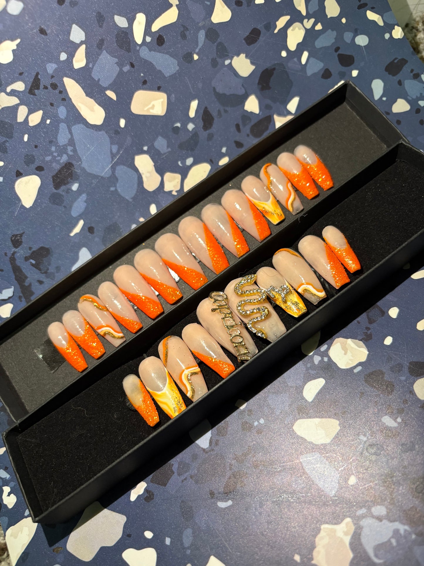 XL Capricorn Orange Glitter Acrylic Press On Nails