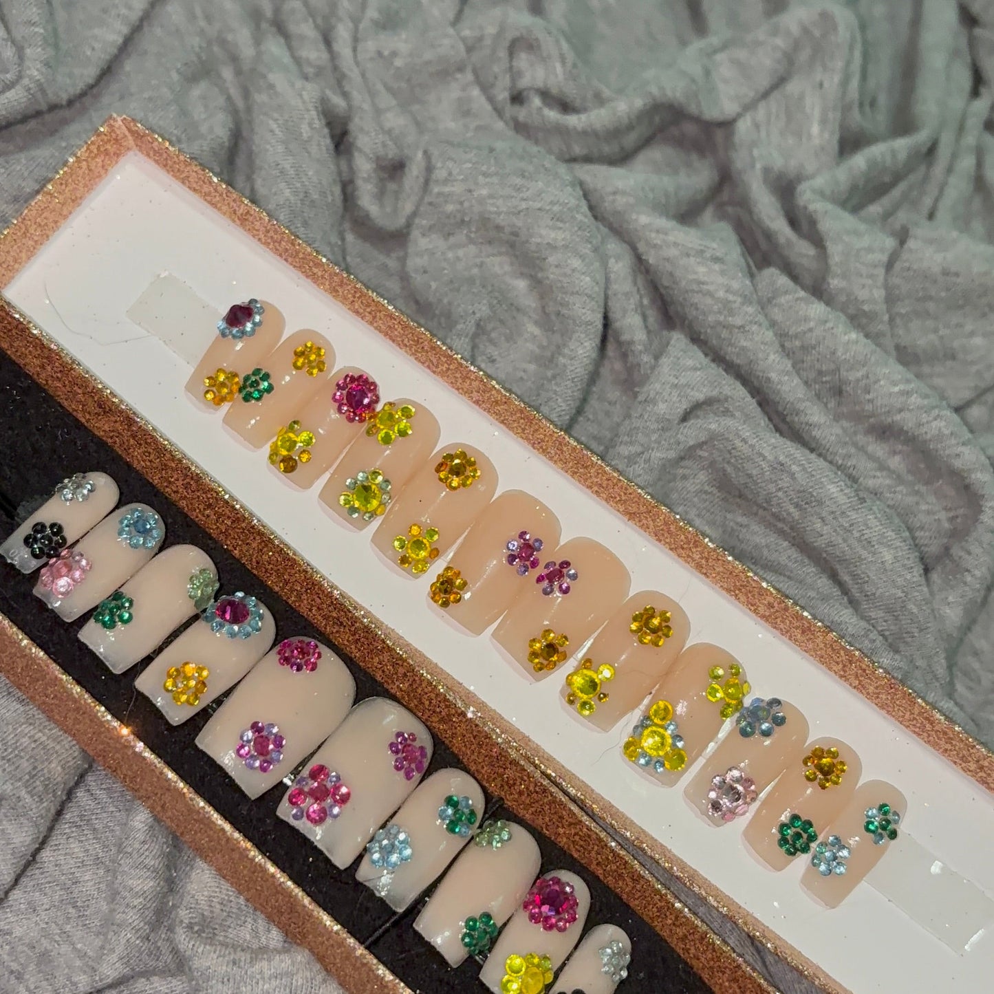 Nude Press-On Nails with Rainbow Diamond Flowers πΈβ¨π