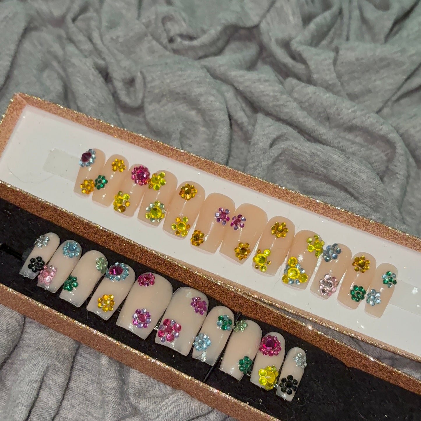 Nude Press-On Nails with Rainbow Diamond Flowers πΈβ¨π