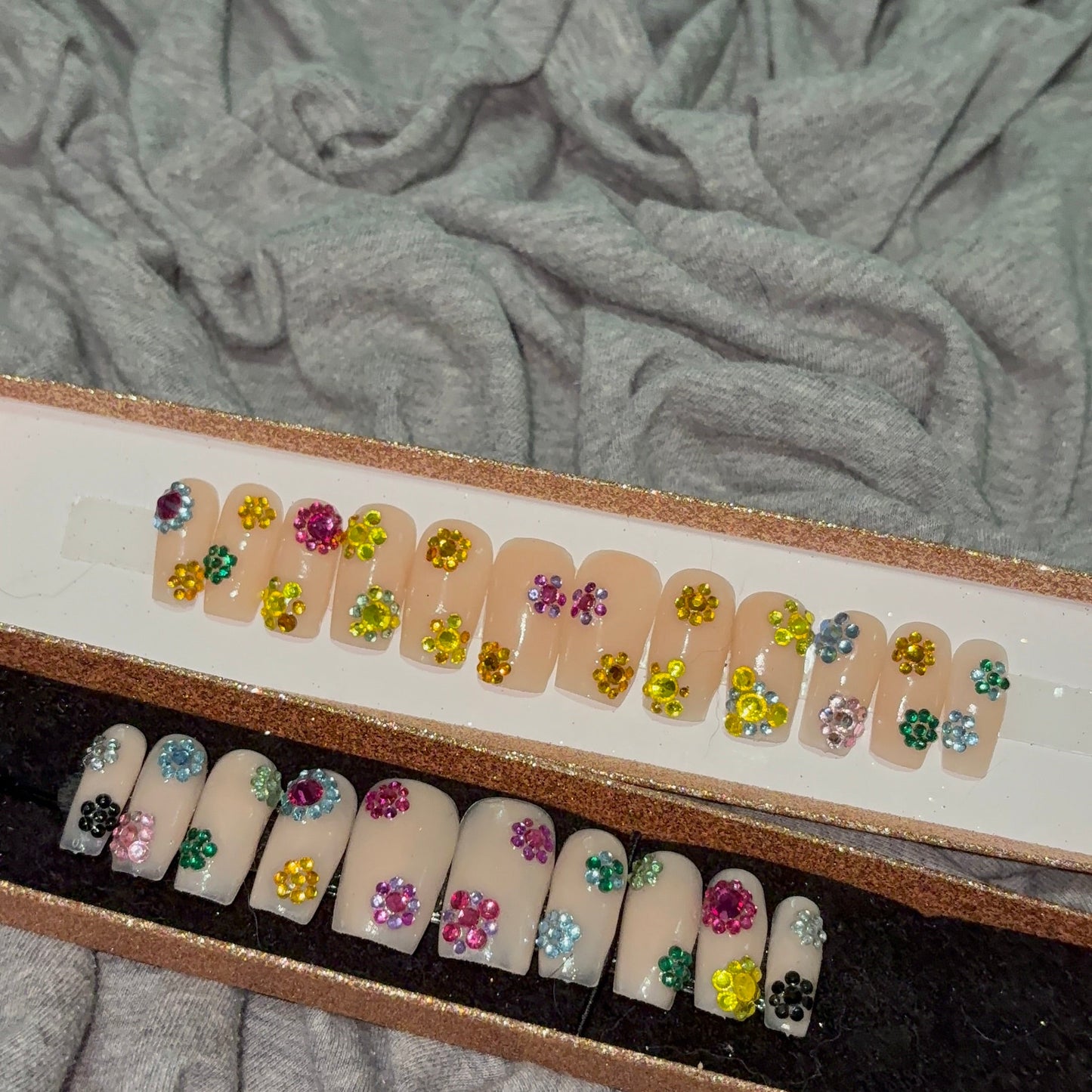 Nude Press-On Nails with Rainbow Diamond Flowers πΈβ¨π