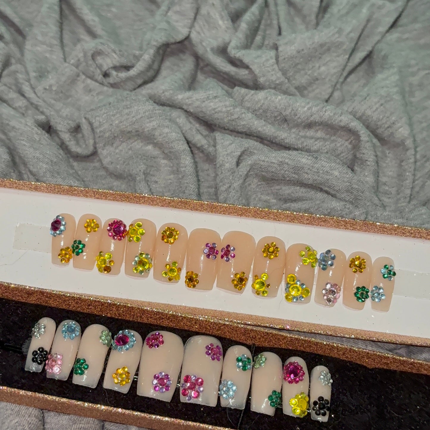 Nude Press-On Nails with Rainbow Diamond Flowers πΈβ¨π