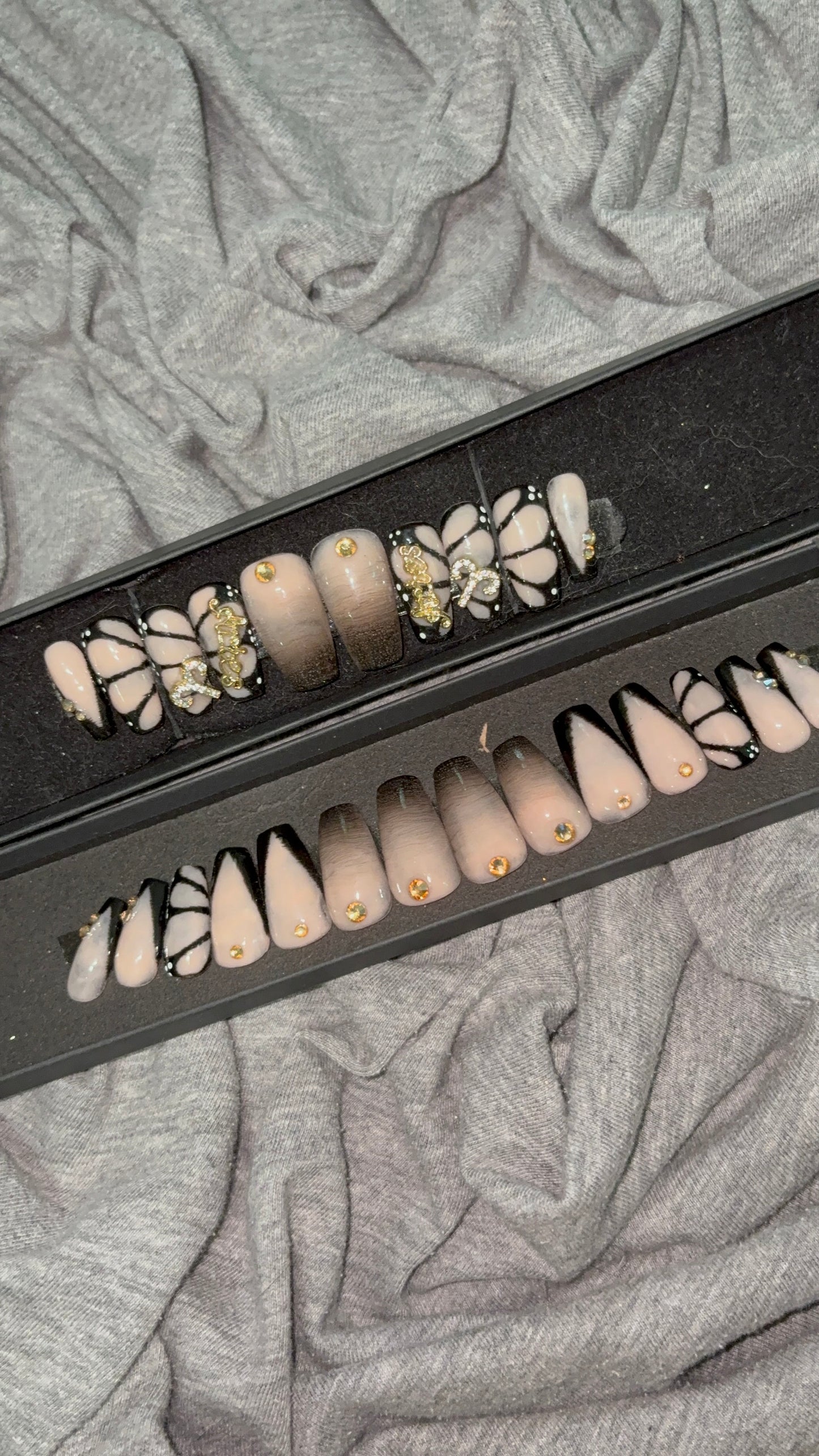 Black & Nude Ombre French Tip Nails with Butterfly Accent
