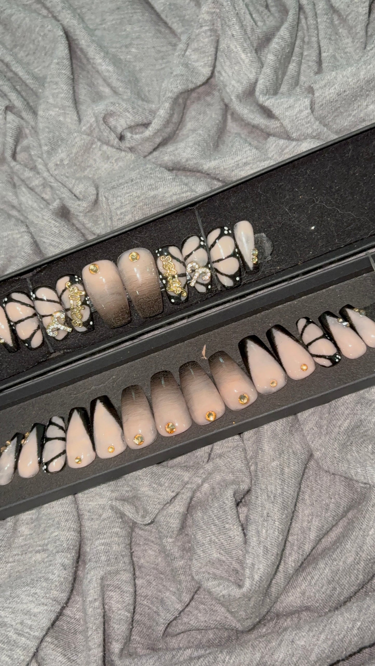 Black & Nude Ombre French Tip Nails with Butterfly Accent