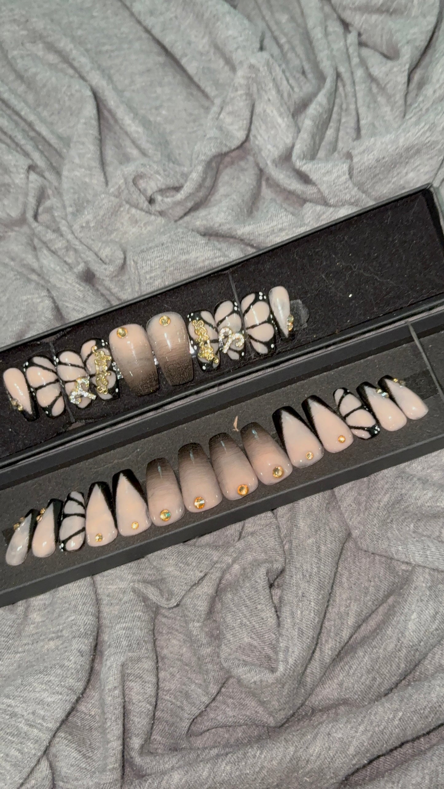 Black & Nude Ombre French Tip Nails with Butterfly Accent