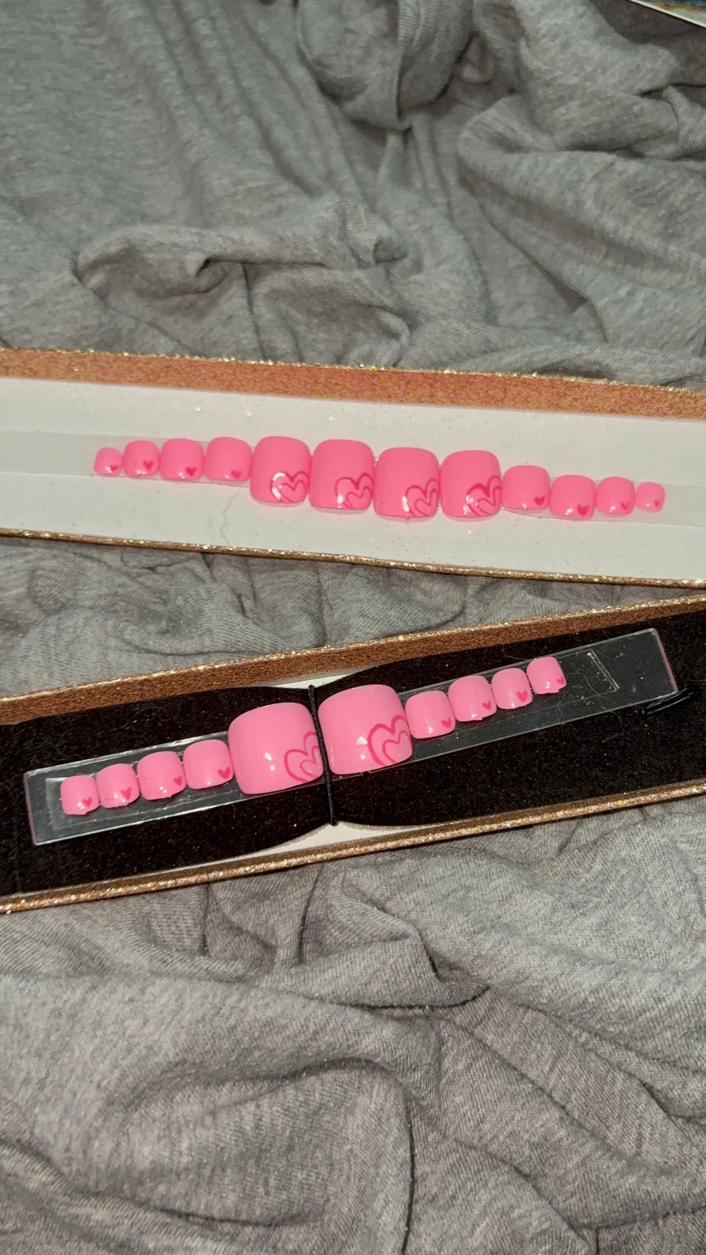 Square Pink Toenails with Dark Pink Hearts