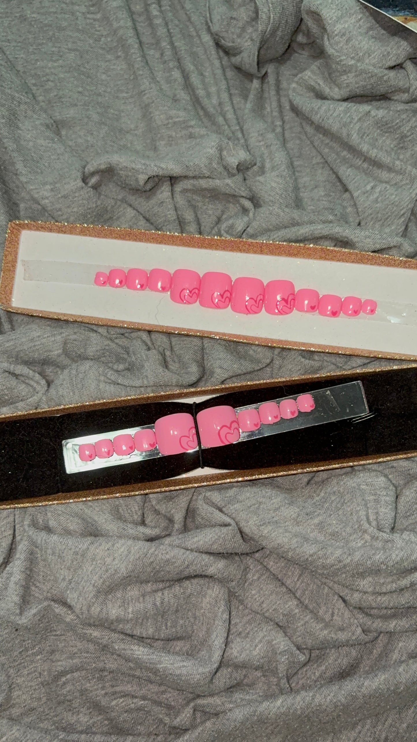 Square Pink Toenails with Dark Pink Hearts