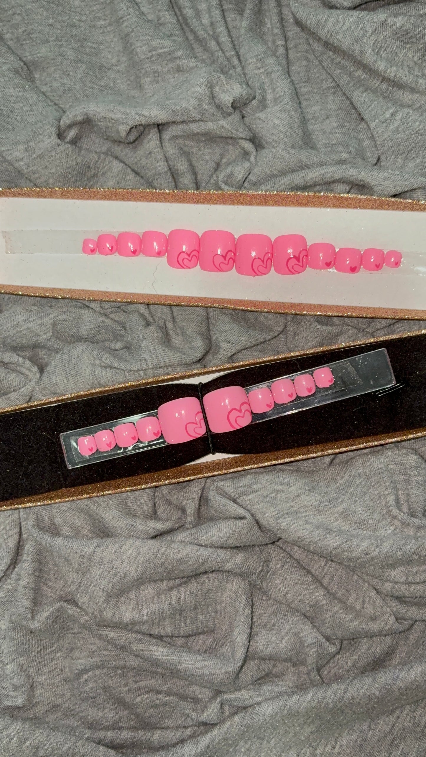 Square Pink Toenails with Dark Pink Hearts