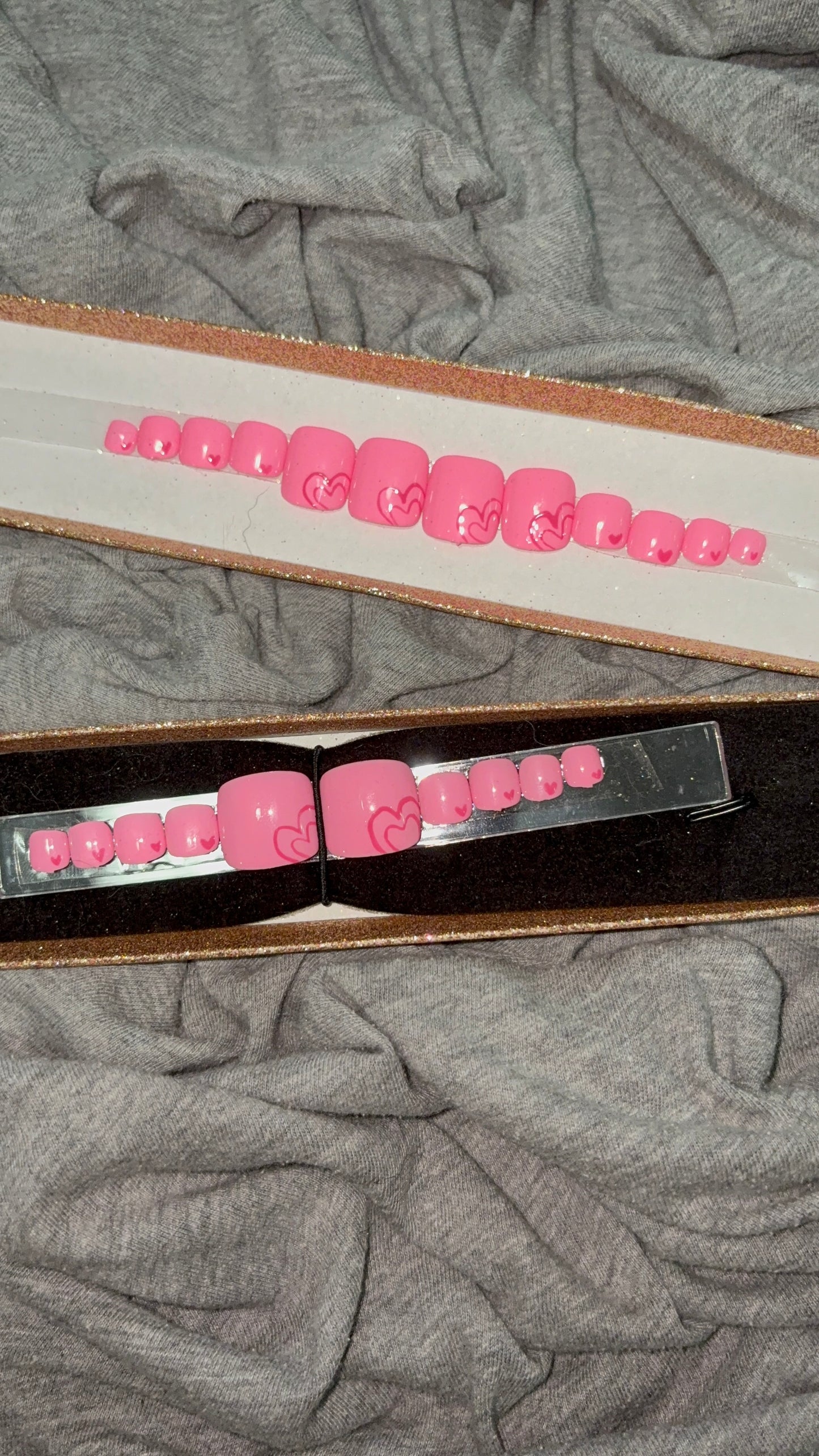 Square Pink Toenails with Dark Pink Hearts