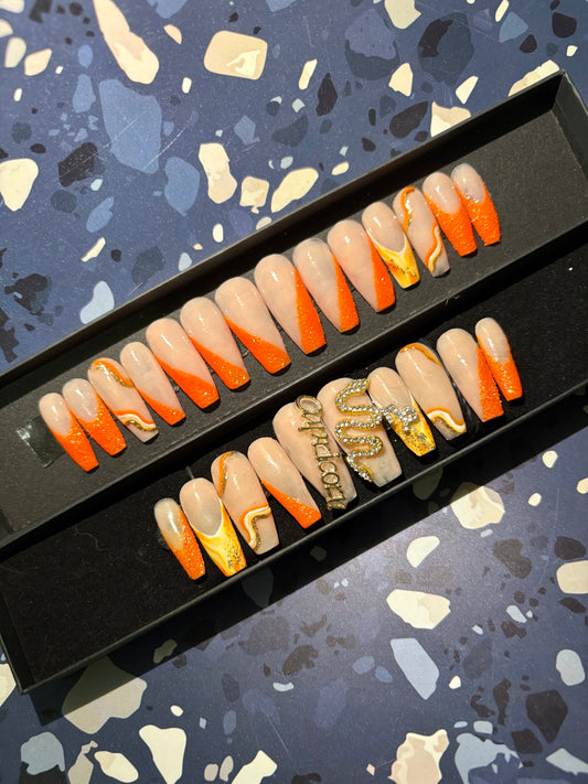 XL Capricorn Orange Glitter Acrylic Press On Nails
