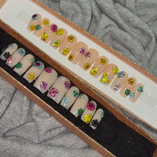 Nude Press-On Nails with Rainbow Diamond Flowers 🌸✨🌈
