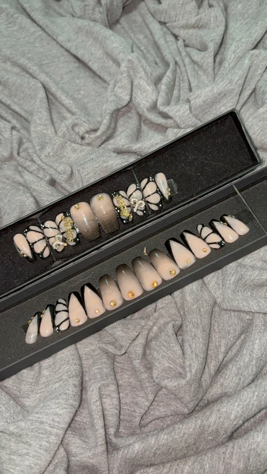 Black & Nude Ombre French Tip Nails with Butterfly Accent