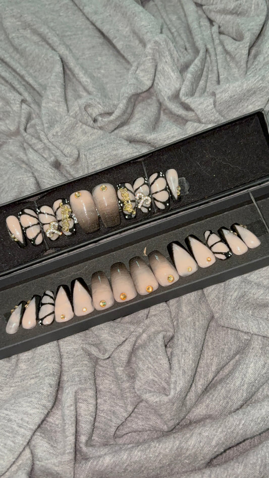Black & Nude Ombre French Tip Nails with Butterfly Accent