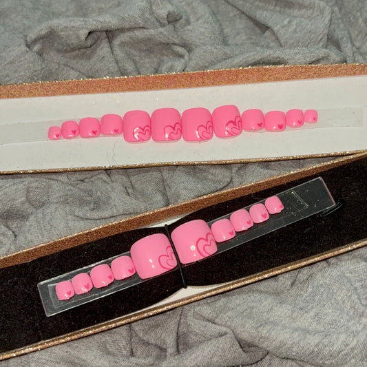 Square Pink Toenails with Dark Pink Hearts