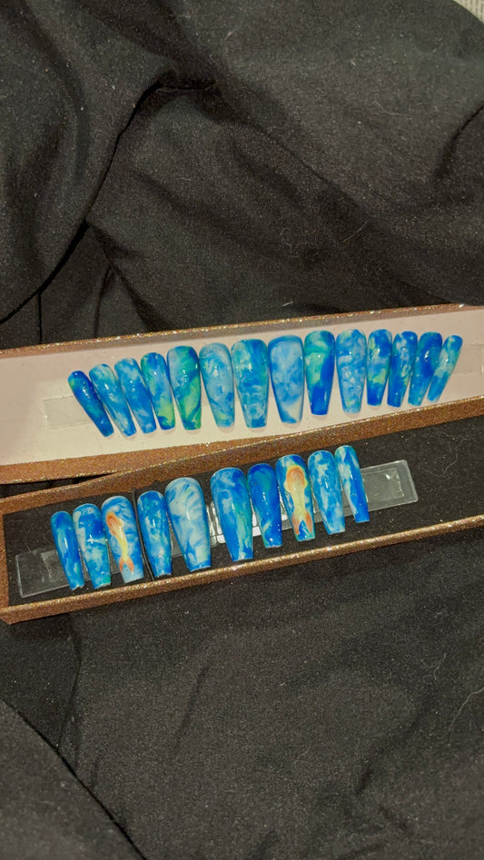 Blue Water & Koi Fish Press On Nails